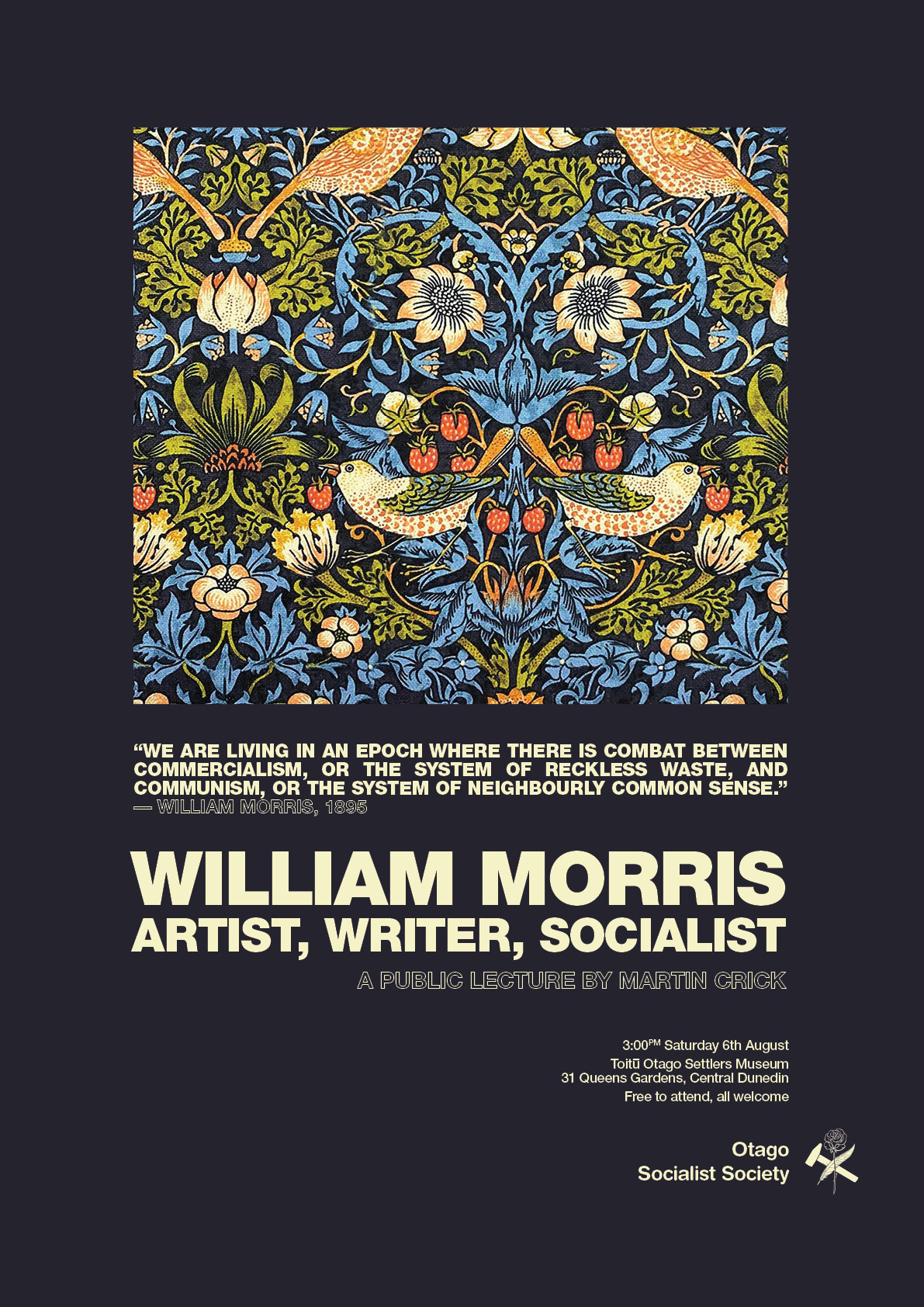 Otago Socialist Society Re-Launch Event – William Morris: Artist, Writer, Socialist